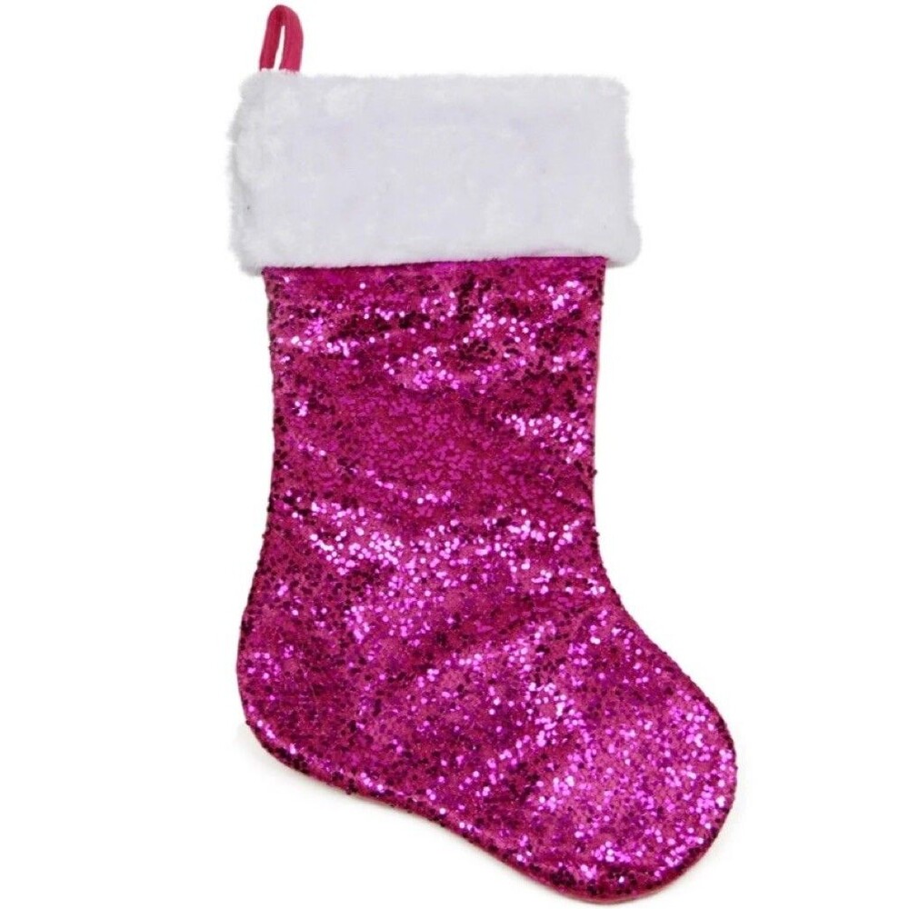 Christmas Stocking Shiny Metallic Pink Sequined with White Faux Fur Barbie NIP